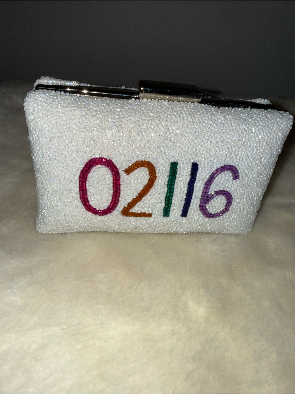 Moyna White Beaded Clutch with Multicolor '02116' Embroidery
